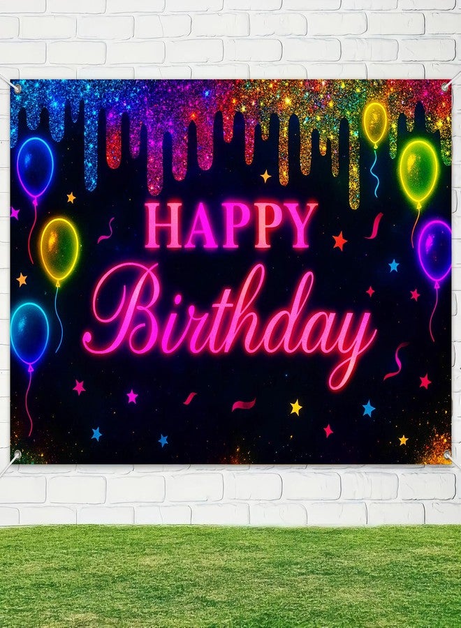 BlissYard Neon Happy Birthday Banner 71x43 Inch Glow in the dark Party Decoration Backdrop Colorful Balloons Stars Birthday Party Supplies Photo Booth Props For Girls or boys gifts - Image 5
